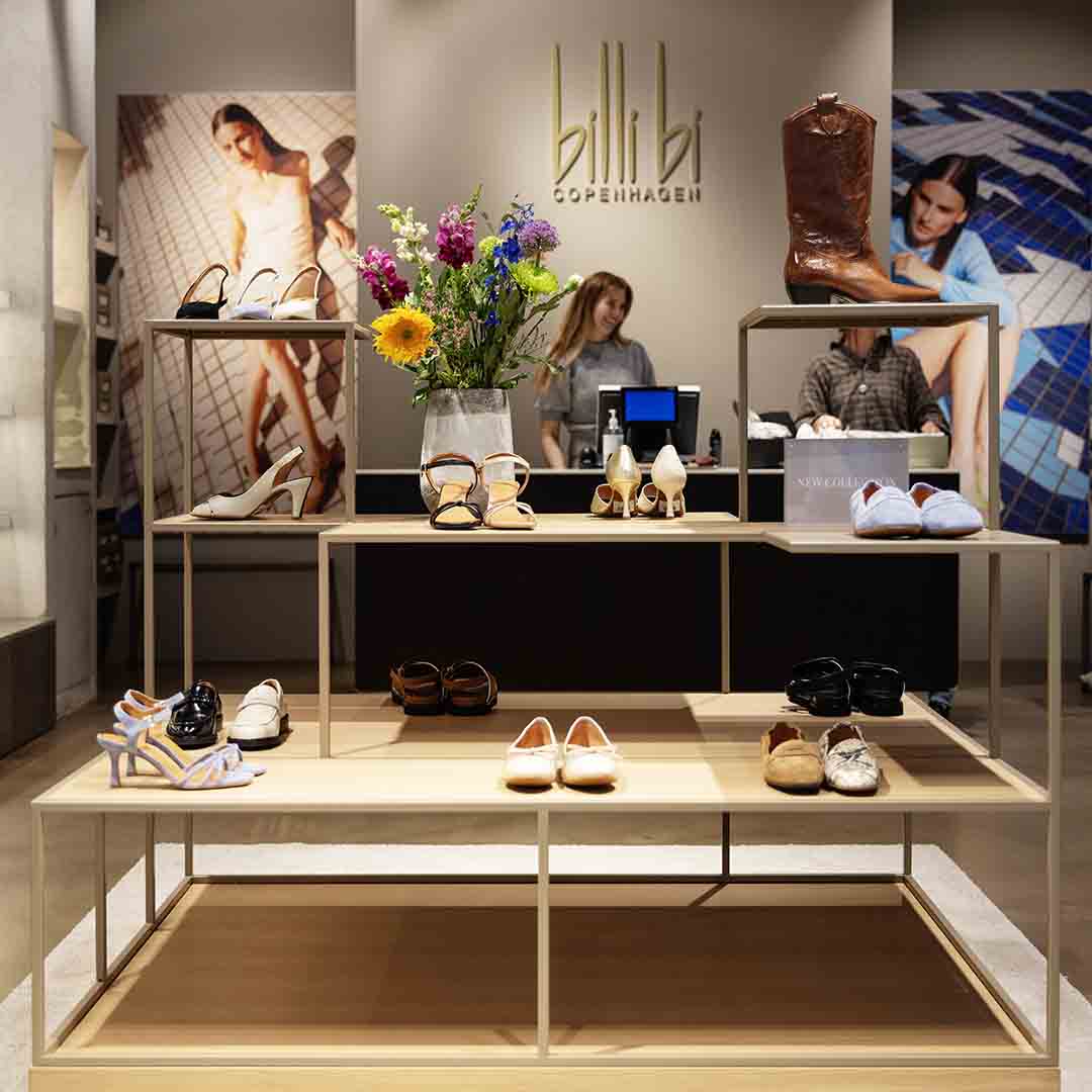 Shoes from Billi Bi are neatly displayed on the shelves in the store at Frederiksberg.